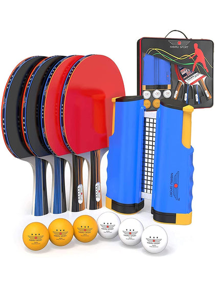 NIBIRU SPORT Ping Pong Paddles Set - Professional Table Tennis Rackets and Balls, Retractable Net with Posts and Storage Case - Pingpong Paddle and Game Table Accessories (4-Player Set)