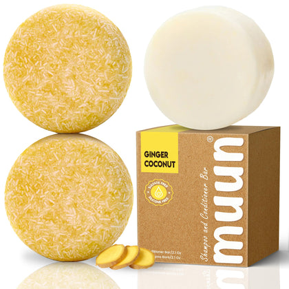 Muun Shampoo Bars and Conditioner Set 3 - Ginger & Coconut - Hair Growth, Anti Hair Loss, Hair Regrowth, pH Balanced- Solid Soap Easy for Travel - Sulfate & Silicone Free
