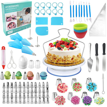 Cake Decorating Kit,132Pcs Cake Making Tools with Cake Turntable Stand,Icing Piping Nozzles,Russian Tulip Tips,Baking Decorations Supplies Set