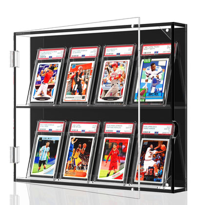 NIUBEE Acrylic Baseball Card Display Case, 8 Graded Card Display Frame Wall Mount with UV Protection Clear View, Sports Card Display Case with Magnetic Door for Football Basketball Hockey, Horizontal