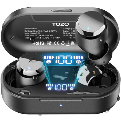 TOZO Tonal Dots (T12) Wireless Earbuds Bluetooth 5.3 Headphones Built-in ENC Noise Cancelling Mic, 55 Hrs Playtime App Customize EQ IPX8 Waterproof LED Digital Display Premium Sound Headset Black