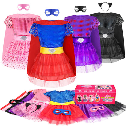 BIBUTY Kids Princess Dress Up Clothes for Little Girls, Pretend Play & Dress Up Princess Costume Set with ith 4 Set of Supergirl Costume with Capes and Masks, Toys Gifts for 3-6 Toddler Little Girls