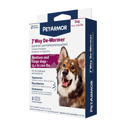 PetArmor 7 Way De-Wormer for Dogs, Oral Treatment for Tapeworm, Roundworm & Hookworm in Large Dogs & Puppies (Over 25 lbs), Worm Remover (Praziquantel & Pyrantel Pamoate), 2 Flavored Chewables