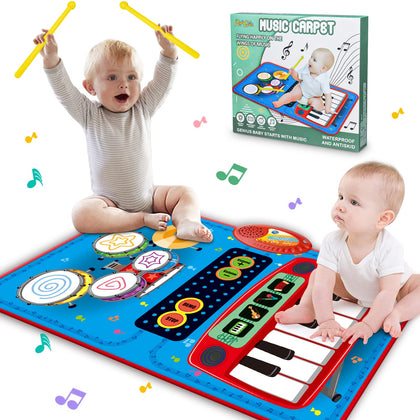 PRAGYM Baby Toys for 1 Year Old Boys & Girls, 2 in 1 Musical Toys, Toddler Piano & Drum Mat with 2 Sticks, Learning Floor Blanket, Birthday Gifts for 1 2 3 Year Old Boys & Girls