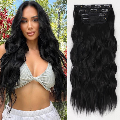 ALXNAN Clip in Long Wavy Synthetic Hair Extension 24 Inch Black 4PCS Thick Hairpieces Fiber Double Weft Hair for Women
