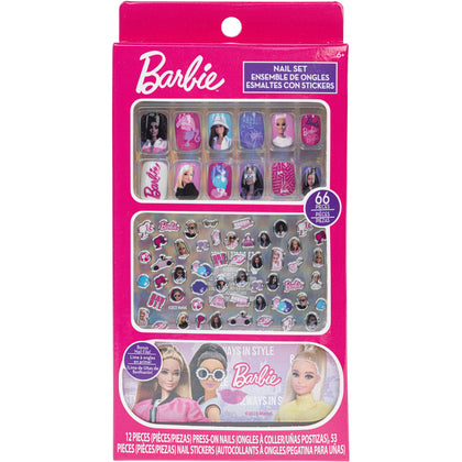 Barbie -Townley Girl 66 Piece Non-Toxic Nail Set with Press-On Nails, Nail Stickers, and Nail File, Ages 3 and Up