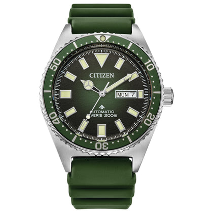 Citizen Men's Promaster Dive Automatic 3-Hand Stainless Steel on Green Polyurethane Strap Watch, Day Date, Luminous, 41mm