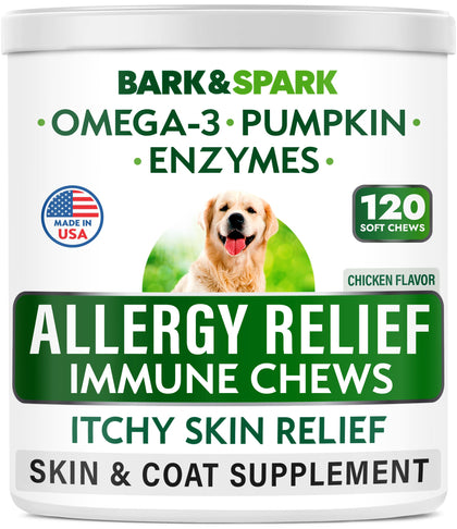 BARK&SPARK Dog Allergy Relief Chews - Anti-Itch Skin & Coat Supplement - Omega 3 Fish Oil - Itchy Skin Relief Treatment Pills - Itching&Paw Licking - Dry Skin&Hot Spots - (120 Immune Treats - Chicken)