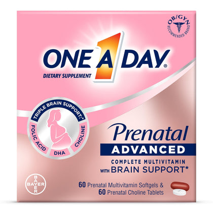 One A Day Womens Prenatal Advanced Complete Multivitamin with Brain Support* with Choline, Folic Acid, Omega-3 DHA & Iron for Pre, During and Post Pregnancy, 60+60 Count (120 Count Total Set)
