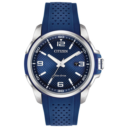 Citizen Men's Eco-Drive Weekender Watch in Stainless Steel with Blue Polyurethane strap, Blue Dial (Model: AW1158-05L)