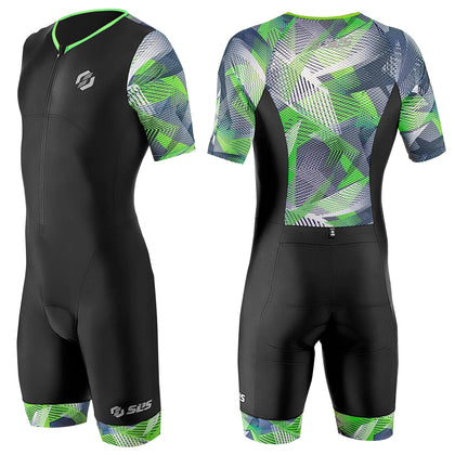 SLS3 Triathlon Suits Mens - Aero Full Sleeve Tri Suit Men Triathlon - Premium FX Trisuit Triathlon Men - Lightweight Mens Triathlon Suit, 2 Pockets (Black/Green Geo, XL)