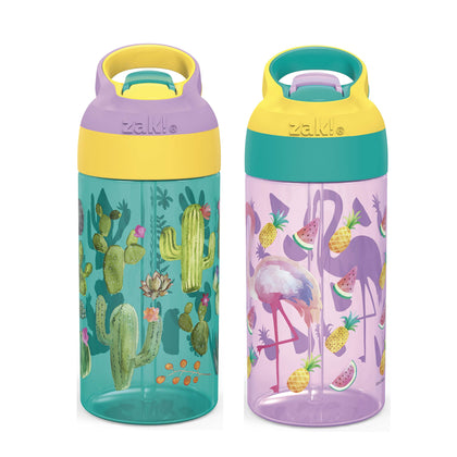 Zak Designs 17.5 oz Riverside Bluey Kids Water Bottle with Straw and Built in Carrying Loop Made of Durable Plastic, Leak-Proof Design for Travel, 2PK Set