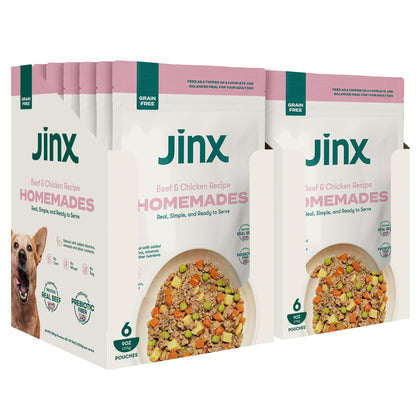 Jinx Beef & Chicken Homemades Wet Food & Meal Topper or Mix-in for Adult & Senior Dogs -Made w/Natural Beef, Chicken, Bone Broth - Grain Free, 12-Pack, 9 oz. Pouches Value Box