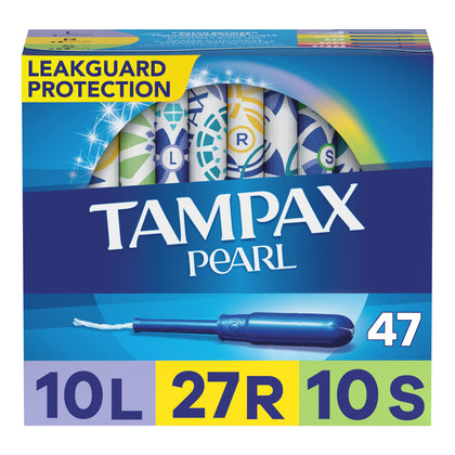 Tampax Pearl Tampons Multipack, Light/Regular/Super Absorbency, With Leakguard Braid, Unscented, 47 Count
