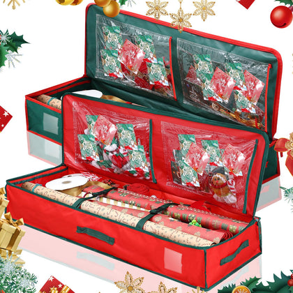 Windyun 2 Pcs 40'' Christmas Wrapping Paper Storage Containers with Interior Pockets Gift Wrap Organizer 600d Oxford Underbed Storage Box for 24 Roll Wrapping Paper Ribbon Bow(Red, Green)