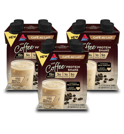 Atkins Café au Lait Iced Coffee Protein Shake, 15g Protein, Low Glycemic, 3g Net Carb, 1g Sugar, Keto Friendly, 12 Count