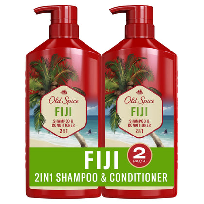 Old Spice Fiji 2-in-1 Shampoo and Conditioner for Men, Get Up To 80% Fuller-Looking Hair, 21.9 Fl Oz Each, Twin Pack