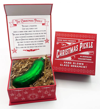 German Christmas Pickle Ornament Tradition Decor - Green Glass Tree Decoration - Gift Boxed with Story & Legend