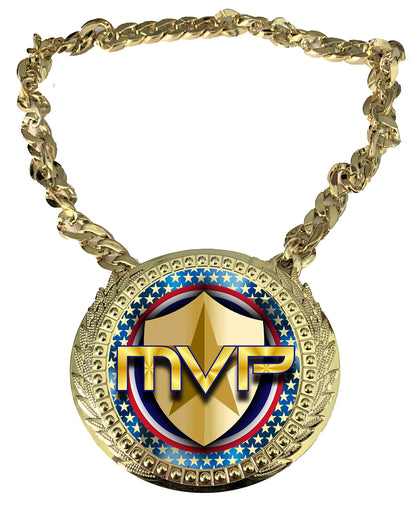 Express Medals MVP Most Valuable Player Champ Chain Trophy Award with a Center Plastic Plaque Plate Measuring 6 by 5.25 Inches and Includes a 34 Inch Plastic Chain with Black Velvet Presentation Bag.