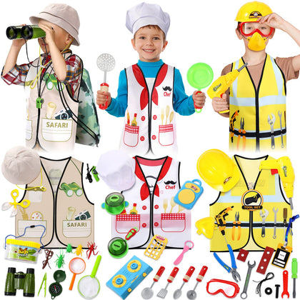 3 Sets Kids Dress Up and Pretend Play Clothes for Toddler 3-7 Ages, Role Play Construction Worker, Chef, Explorer Dress Up Vest for Boys Girls Costumes Accessories Play