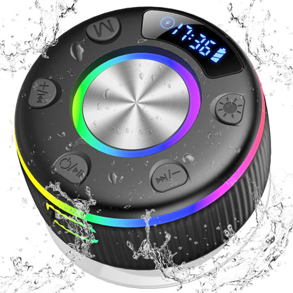 Bluetooth Shower Speaker, Portable Shower Speakers Wireless Bluetooth 5.3 with Time Display, Bluetooth Speakers with RGB Light Show, Suction Cup, Waterproof IP7, 360° Stereo Sound, Handsfree with Mic