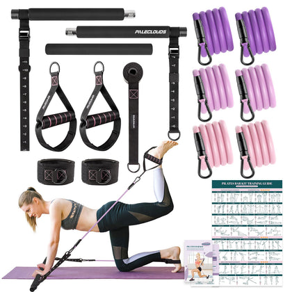 Pilates Bar Kit for Women, 3-Section Screw Portable Pilates Bar with Metal Adjustable Buckle, Resistance Bands with Durable Carabiner, Multifunctional Pilates Bar for Full-Body Workout - Black