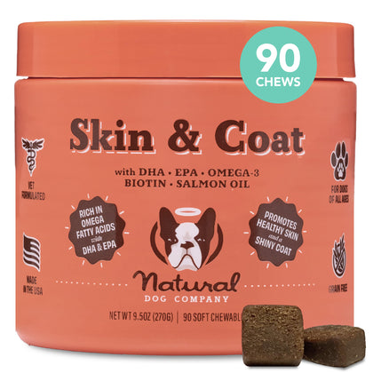 Natural Dog Company Skin & Coat Chews, Salmon & Peas Flavor, Dog Vitamins and Supplements for Healthy Skin and Coat, Itch Relief for Dogs with Allergies, with Biotin, Vitamin E, and Omega 3