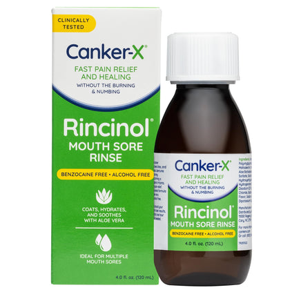 Canker-X Rincinol Oral Rinse Mouthwash, Quick Pain Relief from Canker Sores, Mouth Burns & More, Benzocaine Free & Alcohol Free Mouthwash, Adults & Children 6+ Years, Kids Mouthwash, 4.0 Fl. Oz.