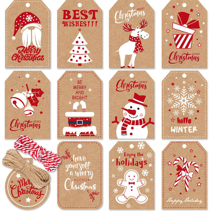 Christmas Gift Tags, 144PCS Christmas Gift Tags with String, Brown Kraft Paper Christmas Labels for Gifts, Christmas Tags for Gifts with String