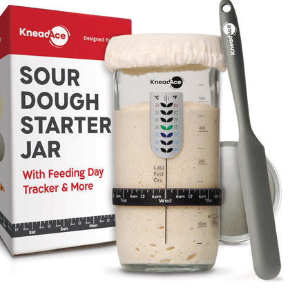KneadAce Sourdough Starter Jar With Date Marked Feeding Band, Thermometer, Sourdough Fermentation Jar Scraper, Sewn Cloth Cover & Metal Lid, Sourdough Starter Kit