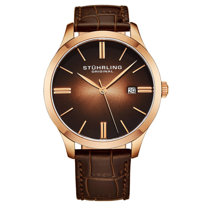 Stuhrling Original Classic Cuvette II Mens Watch - Swiss Quartz Analog Date Wrist Watch for Men - Mens Designer Watch with Leather Strap
