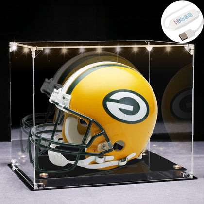 Premium Full Size Football Helmet Display Case with Mirrored Back, 3 Modes LED Lights, and Black Protection Holder Base with Gold Risers - Ideal for Sports Memorabilia