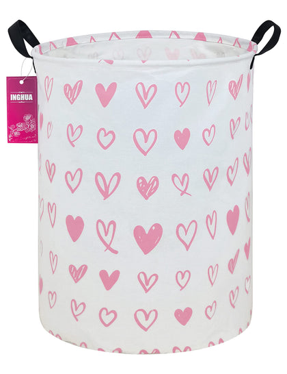 INGHUA Laundry Hamper Large Canvas Fabric Lightweight Storage Basket/Toy Organizer/Dirty Clothes Collapsible Waterproof for College Dorms, Boys and Girls Bedroom,Bathroom(Pink hearts)
