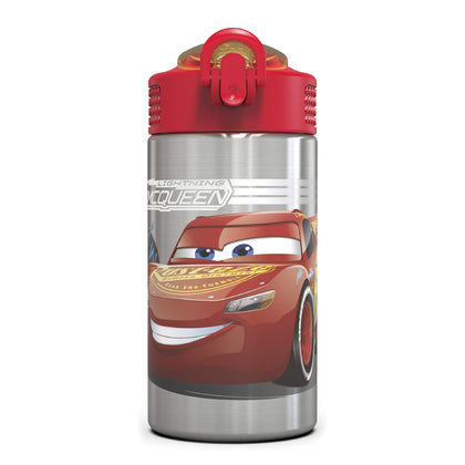 Zak Designs Disney Cars 3 - Stainless Steel Water Bottle with One Hand Operation Action Lid and Built-in Carrying Loop, Kids Water Bottle with Straw Spout is Perfect for Kids (15.5 oz, 18/8, BPA-Free)