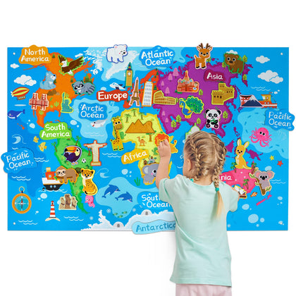 Taika World Felt Set, Felt World Map with World Famous Sights, Educational Play Mat Flannel Board Set, 43x28 inch Preschool Learning Flannel Board