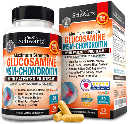 Glucosamine Chondroitin MSM 2110mg - Joint Support Supplement with Turmeric Curcumin for Hands Back Knee & Joint Health for Men & Women - Gluten-Free Non-GMO Supplement - Made in USA - 90 Capsules