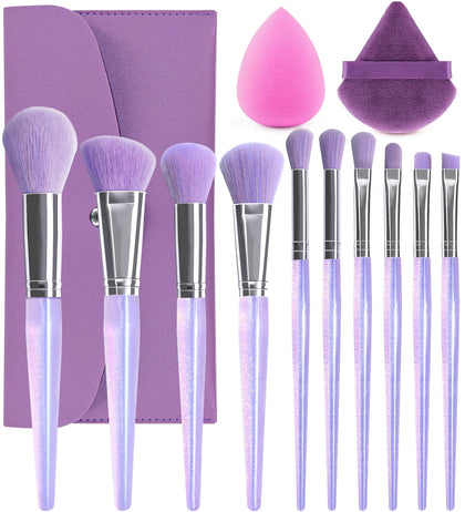 BEAKEY Travel Makeup Brushes, Silky Bristles Makeup Brush Set 12 Count (Pack of 1), Beginner Friendly Everyday Essential with Magic Sponges & Powder Puff(Purple)