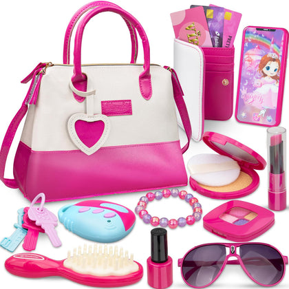 Mozok Kids Makeup Kit for Girl, 15 Pcs Princess Pretend Makeup Play Purse Set with Accessories, Kids Dress Up Purse Girl Toys for 3 4 5 6 7 8 9 10 Years Old Little Girls Toddlers Birthday Gifts