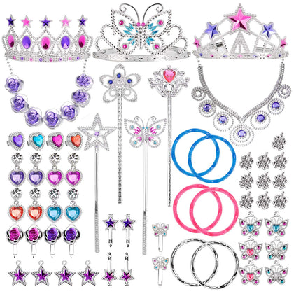 Liberty Imports 50 PCS Princess Jewelry Dress Up Accessories, Pretend Play Set Jewelry Party Favors for Girls Cosplay Party Favors with Crown Wand Ring Earring Necklace