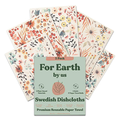 FEBU Swedish Dishcloths for Kitchen | 5 Pack Watercolor Dish Towels | Reusable Paper Towels Washable | Non-Scratch Cellulose Sponge Cloths | No Odor, Biodegradable, Swedish Cloths
