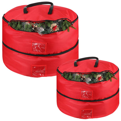 2 Pcs Christmas Wreath Storage Bag 24 Inch, 30 Inch, 600D Double Layer Oxford Christmas Storage Containers Round Zippered Artificial Door Wreaths Container with Compartment Organizers and Handles, Red