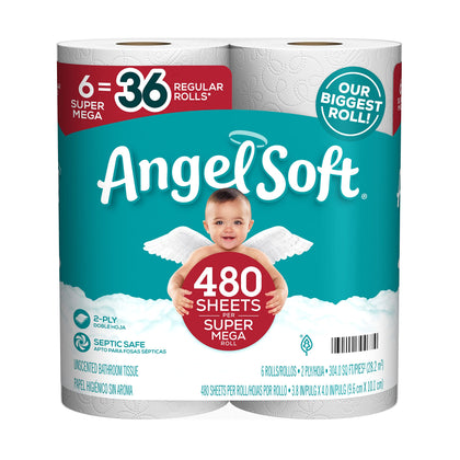 Angel Soft Toilet Paper, 6 Super Mega Rolls = 36 Regular Rolls