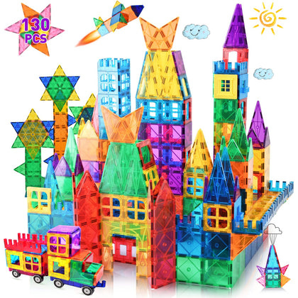 LATI 130 pcs Magnetic Tiles,Large Magnet Building Blocks for Kids STEM Construction Set Clear Imagination Inspirational Educational Toddler Boys Girls Kids Toys for 3 4 5 6 7 8 Years with 2 Cars
