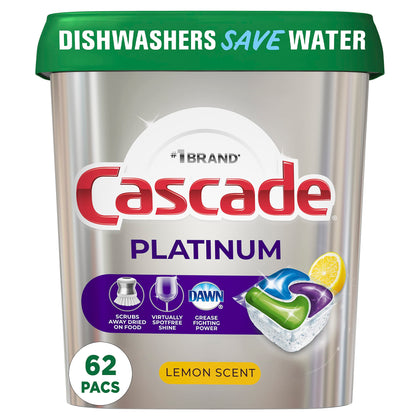 Cascade Platinum Dishwasher Pods, Dishwasher Detergent Pod, Dishwasher Soap Pod, Actionpacs Dish Washing Pod, Lemon, 62 Count Dishwasher Detergent Pods