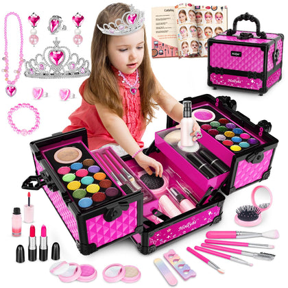 Hollyhi 65 Pcs Kids Makeup Kit for Girl, Washable Play Makeup Toys Set for Dress Up, Pretend Beauty Vanity Set with Cosmetic Case Birthday Toys for Girls 3 4 5 6 7 8 9 10 11 12 Year Old Kids Toddlers