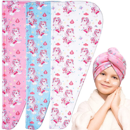 MEETRUE Kids Hair Towel Wrap for Girls, 3Pack Unicorn Microfiber Hair Towel for Kids Hair Towel Wrap with Button Super Water Absorbent Microfiber Towel for Hair Soft Hair Turbans for Kids Wet Hair