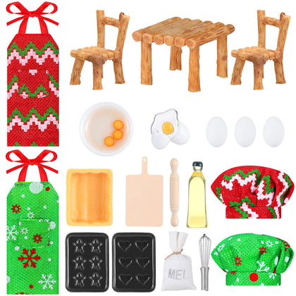 Liliful 23 Pieces Christmas Elf Doll Accessories Set Include Miniature Baker Outfit Apron Chef Hats Rolling Pin Whisk Eggs Cookie Tray Mixing Bowl Cutting Board for Xmas Dollhouse, Doll Not Included