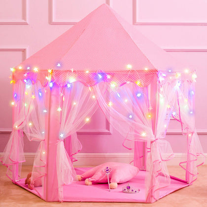 Princess Tent Girls Large Playhouse Kids Castle Play Tent with Star Lights, Bonus Princess Tiara and Wand Toy for Children Indoor & Outdoor Games, 55