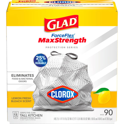 Glad ForceFlex MaxStrength with Clorox Tall Kitchen Drawstring Trash Bags, 13 Gallon Grey Trash Bags, Lemon Fresh Bleach Scent, 90 Count