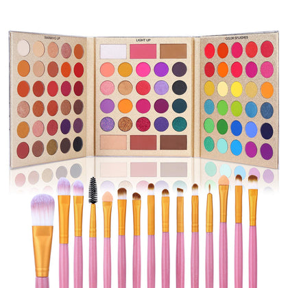 UCANBE Professional 86 Colors Eyeshadow Palette with 15pcs Makeup Brushes Set Matte Glitter Long Lasting Highly Pigmented Waterproof Contour Blush Powder Highlighter All in One